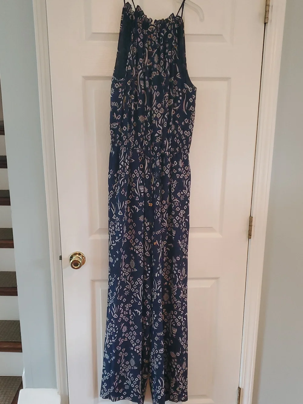 Tory Burch Navy Blue Patterned Silk Halter Jumpsuit